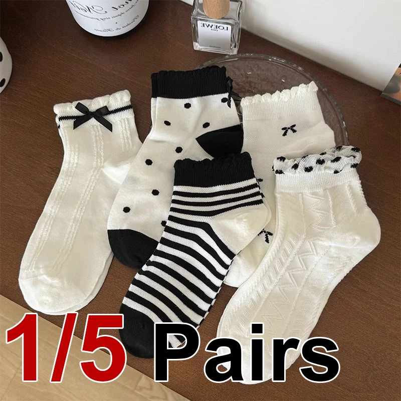 1/5 Paar Spitzen-Damensocken mit gepunkteten Schleifen, süße, modische, lässige Frühlings- und Sommersocken – Detail 7