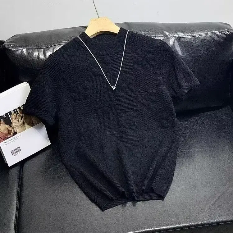 2025 summer new design jacquard short-sleeved t-shirt men's ins trend top men's temperament half-sleeve knitted sweater