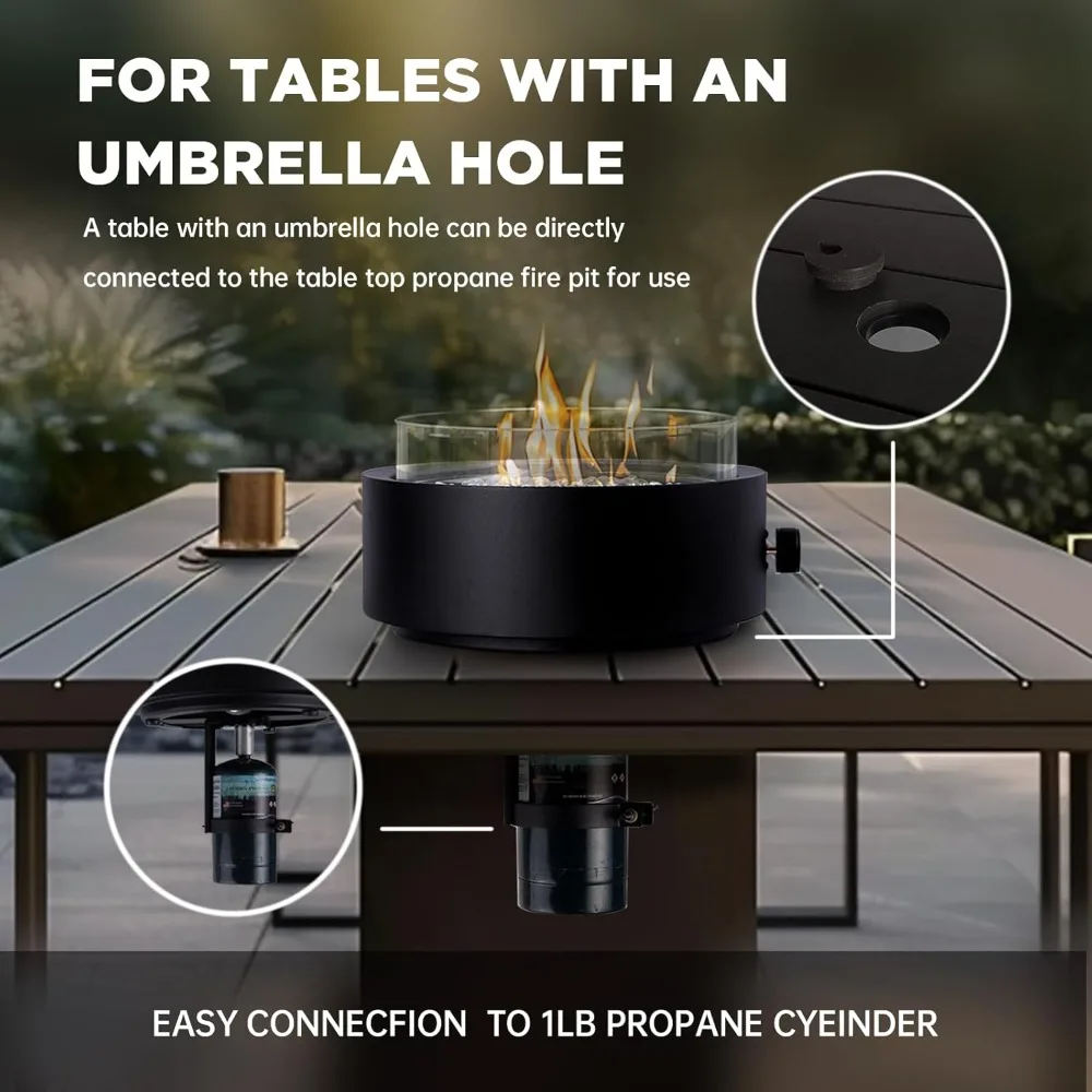 حفرة نار من البروبان على سطح الطاولة، حفرة نار بفتحة مظلة غاز خارجية، وعاء حريق مستدير للمدفأة المحمولة مع واقي زجاجي للرياح #3