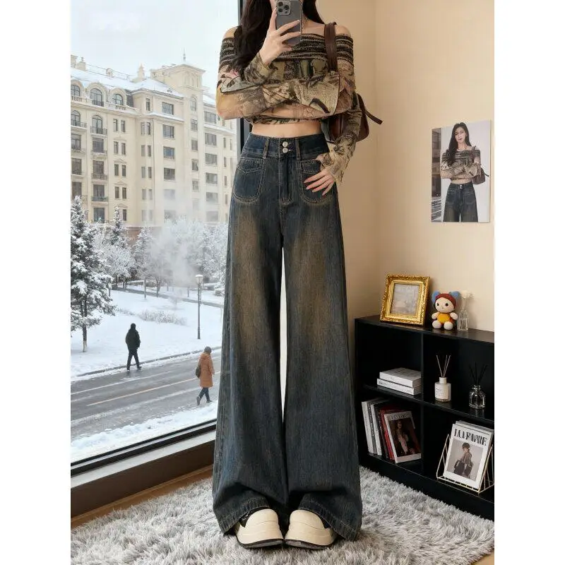 High Waist Wide Leg Denim Jeans Women's Spring Summer plus Size Pear Shape Body Retro Loose Straight Leg Pants Cotton Stretch