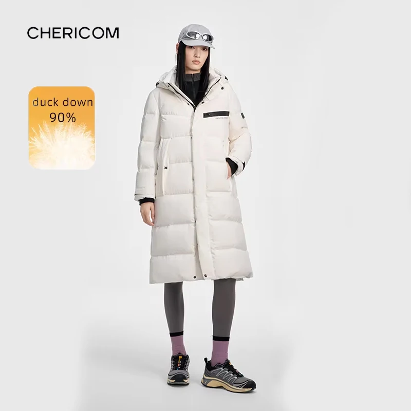 เสื้อแจ็คเก็ตขนห่าน Chericom รุ่น 2025 แบบยาว มีฮู้ด แขนเสื้อแบบติดตีนตุ๊กแก เสื้อพัฟเฟอร์ผู้หญิง กันน้ำ สวมใส่สบาย เสื้อผ้าผู้หญิง รุ่น Y309605Y