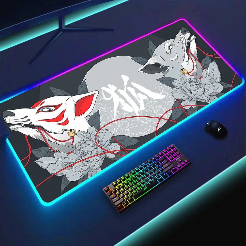 Cartoon Cute Fox Mask Mousepad RGB Pc Gamer Keyboard Mouse Pad LED Glowing Mouse Mats Rubber Gaming Computer Mausepad 50x100CM