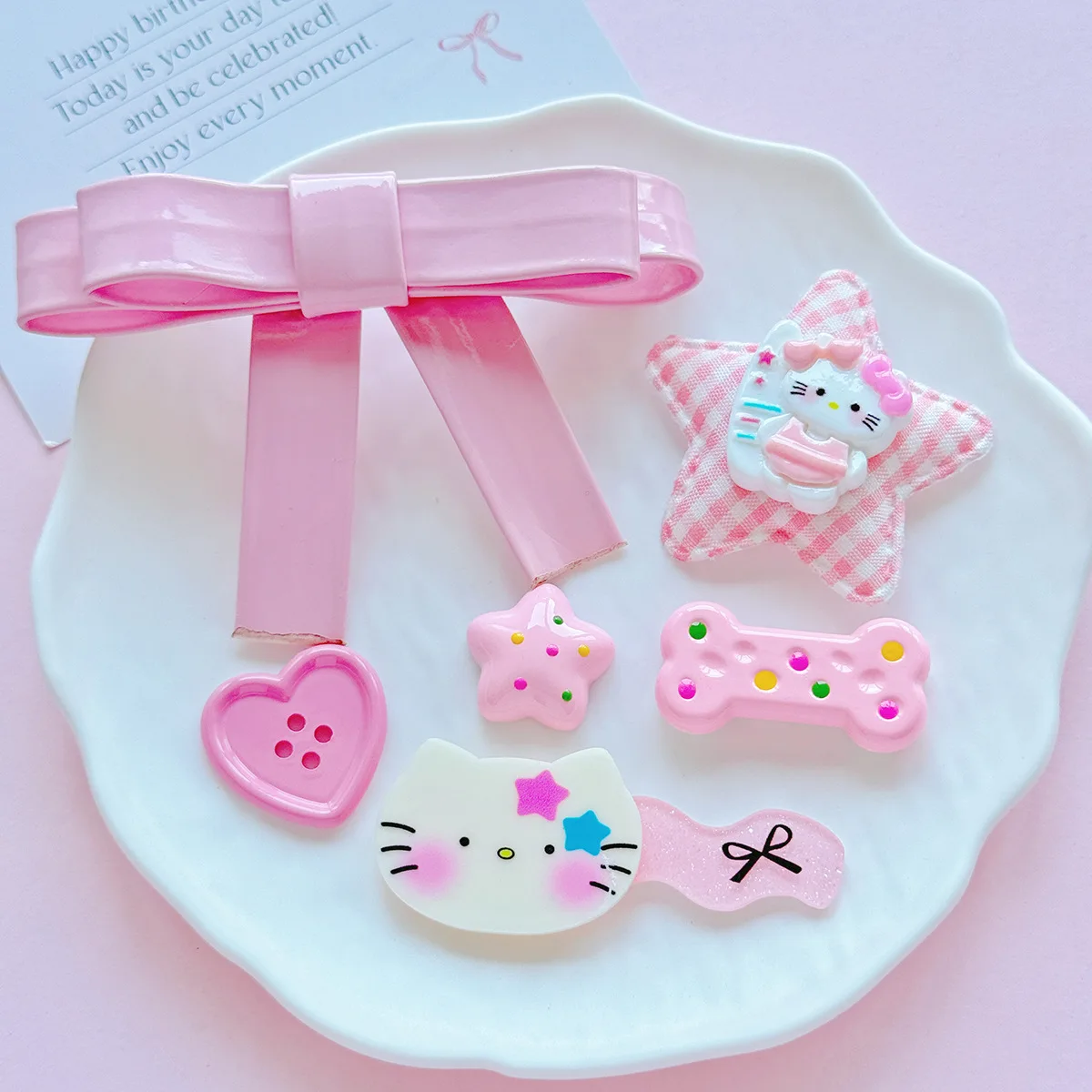 2/5 個 Miniso 3d 漫画子猫ピンクチェック柄五角形アクセサリー DIY ヘッドギア靴花アクセサリーホール靴装飾