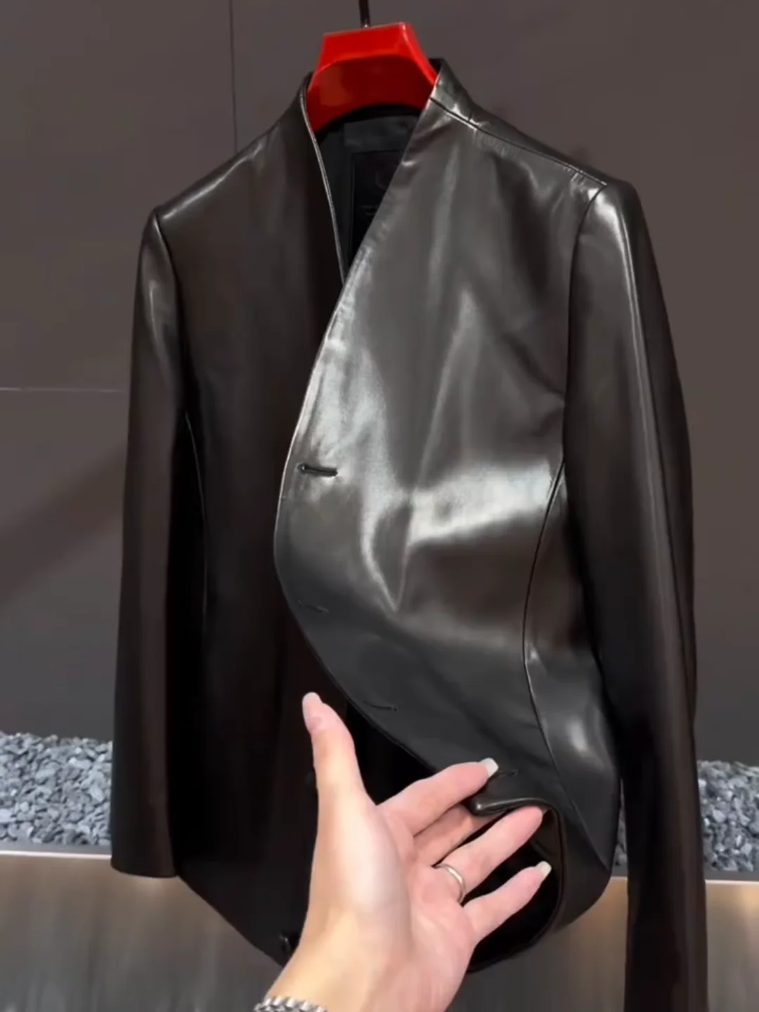 

Busin Casual Men's Leather Jaet Button Decorated No Collar Stand Fit Faionable Spring Autumn Outerwear