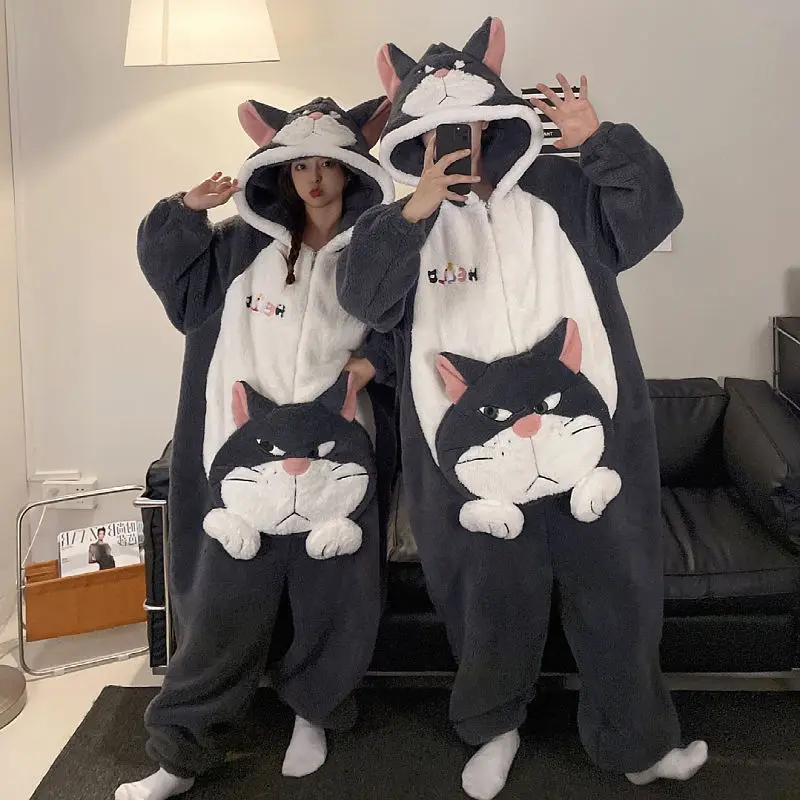 Winter Thicken Women Men Couple Pajamas Jumpsuits Cartoon Shark Kawaii Sleepwear Adult Onesies Hoodie Coral Fleece Lover Pyjamas