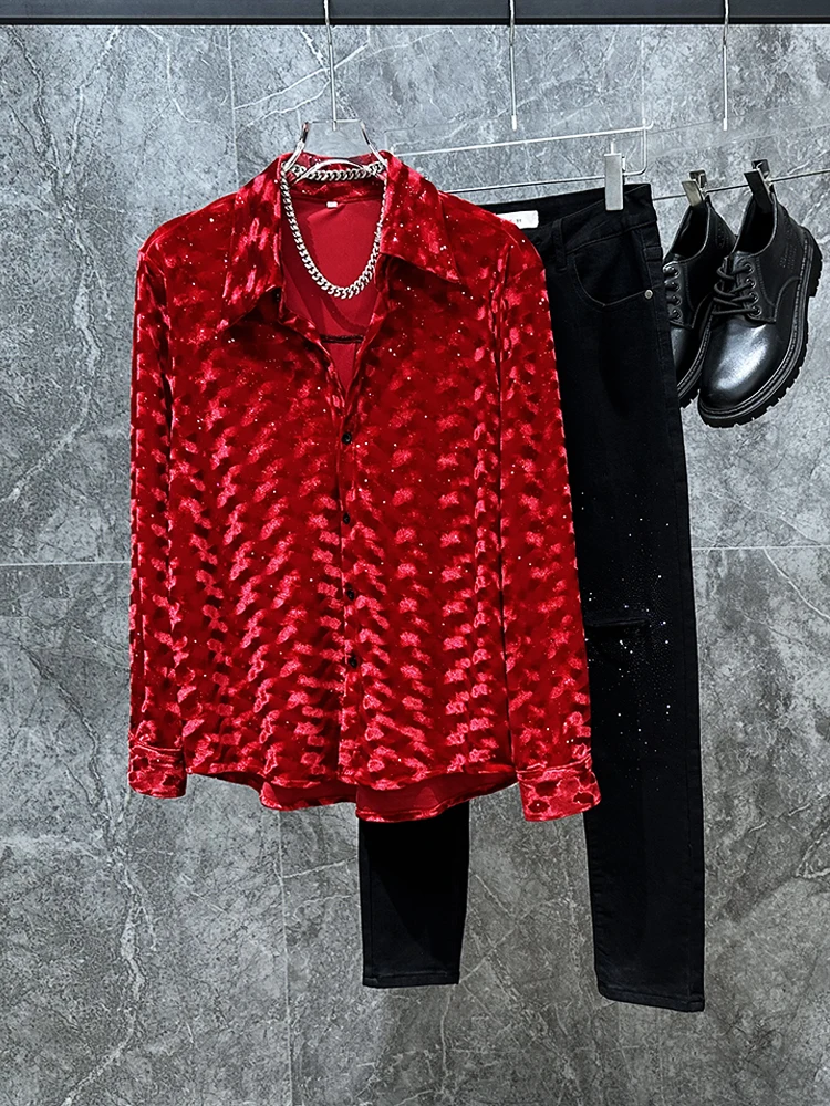 

Velvet Men's irt Autumn Winter New Sle Long Sve Loose Fit Faionable Casual irt Gold Tead Embroidery