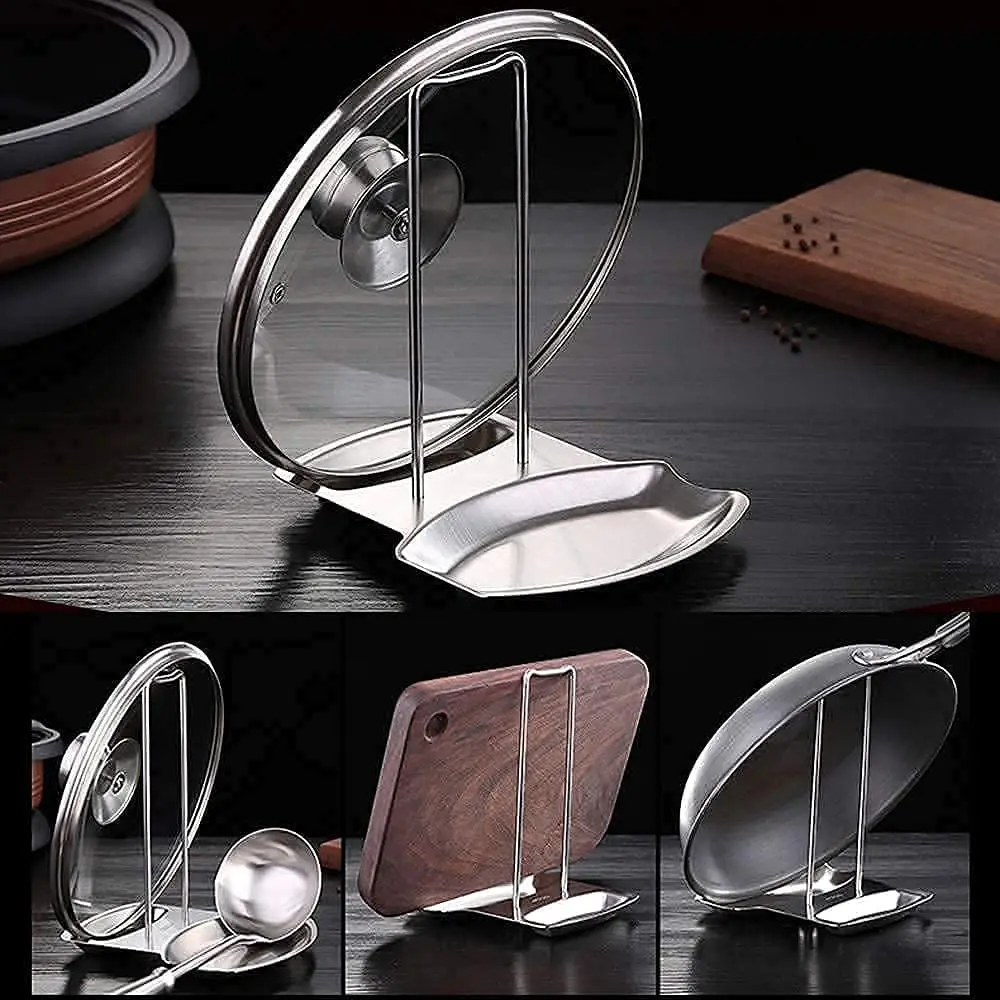 Pan Lid Holder Progressive Lid and Spoon Rest Shelf 304 Stainless Steel Pan Lid Organizer Kitchen Decor Tool（Silver Color）