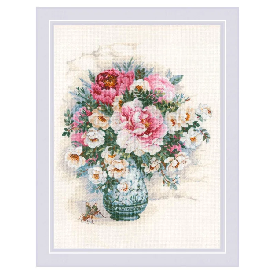 Peonies and Wild Roses, Amishop Counted Canvas Cross Stitch Kits, Vase Flowers, Needlework, Embroidery, Riolis 1816