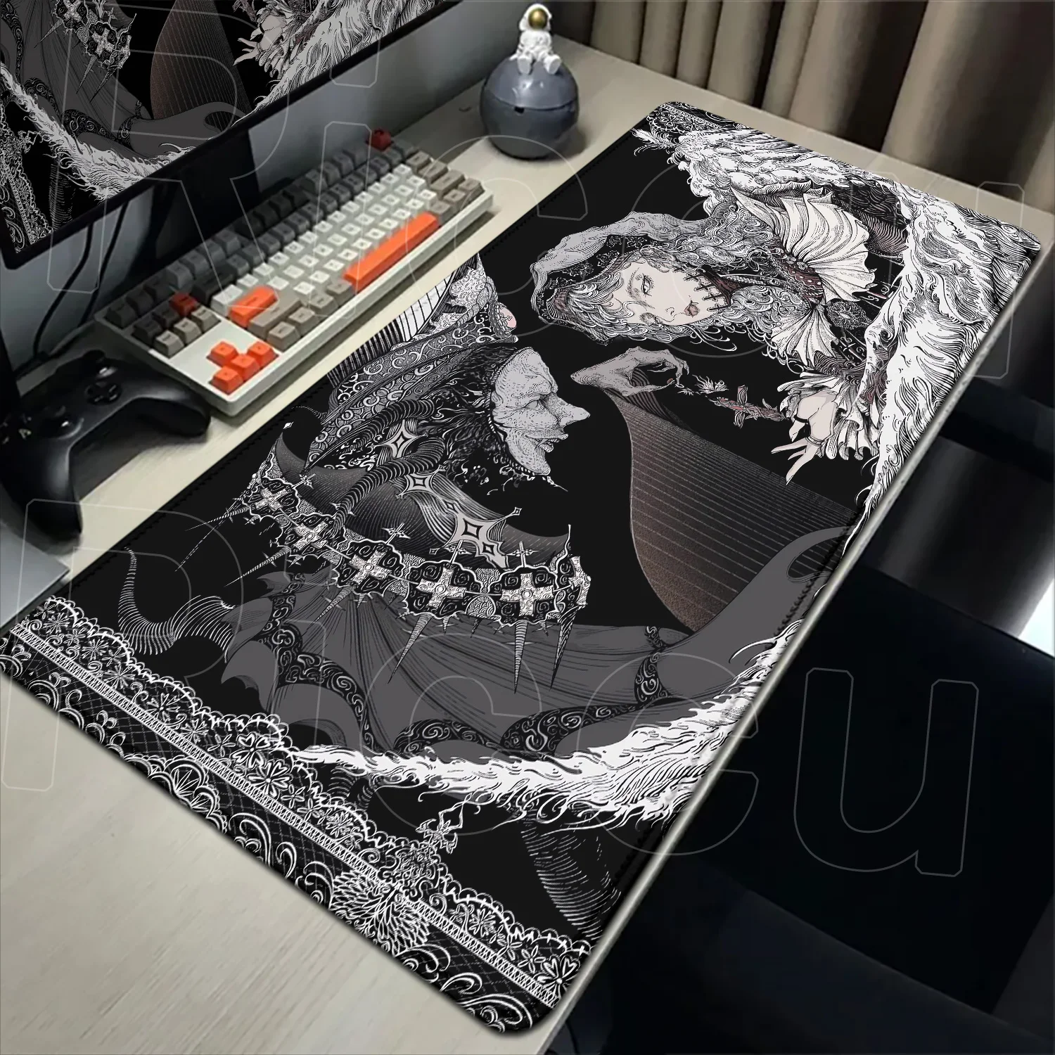 Mousepad Gótico Retrô Preto com Arte de Menina, Tapete de Mesa de Borracha HD 900x400 para PC, Acessórios de Escritório