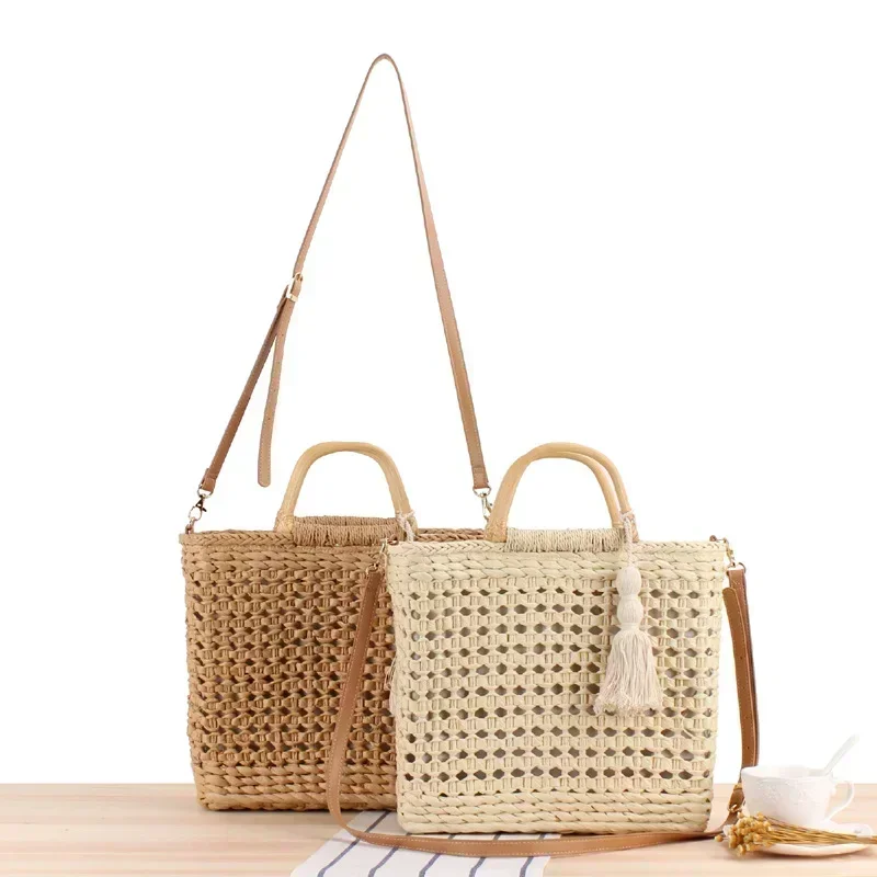 SVB1 Fashion Hollow Wooden Handle Straw Shoulder Bags Wicker Woven Rattan Women Handbags Summer Beach Large