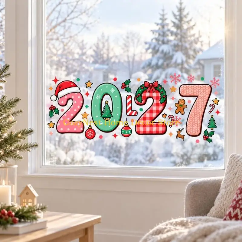 92MF Christmas 2027 Glass Stickers with Four Separate Numerals, Wreaths, Candy Canes, and Colorful Holiday Motifs for Home