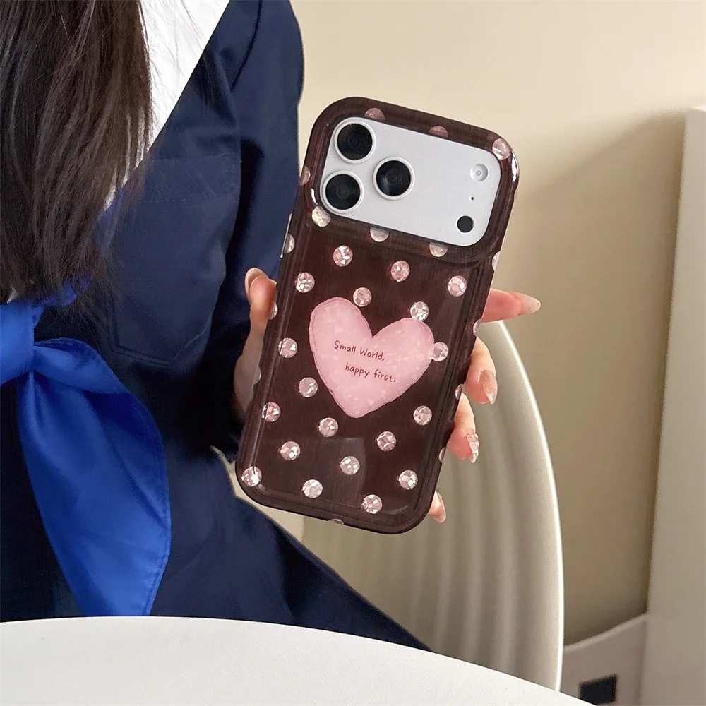 Kawaii Brown Pink Polka Dot Heart Luggage Texture Phone Case for iPhone 18 17 16 15 Pro Max Shockproof Soft Cover Korea Fundas