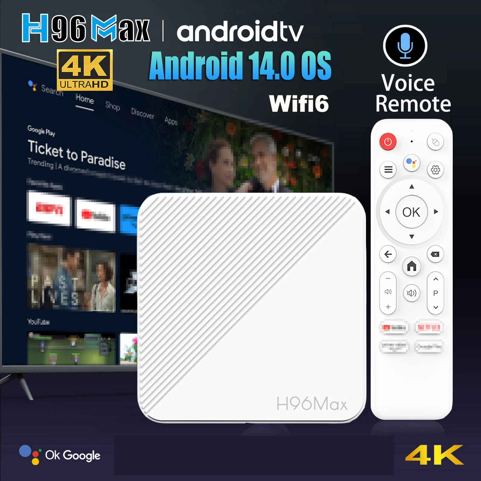 D H96 MAX H313 Smart Android 14 TV Box ATV 4K 100M/LAN Wifi6 BT5.0 Google Voice Assistant 8GB 16GB Media Player