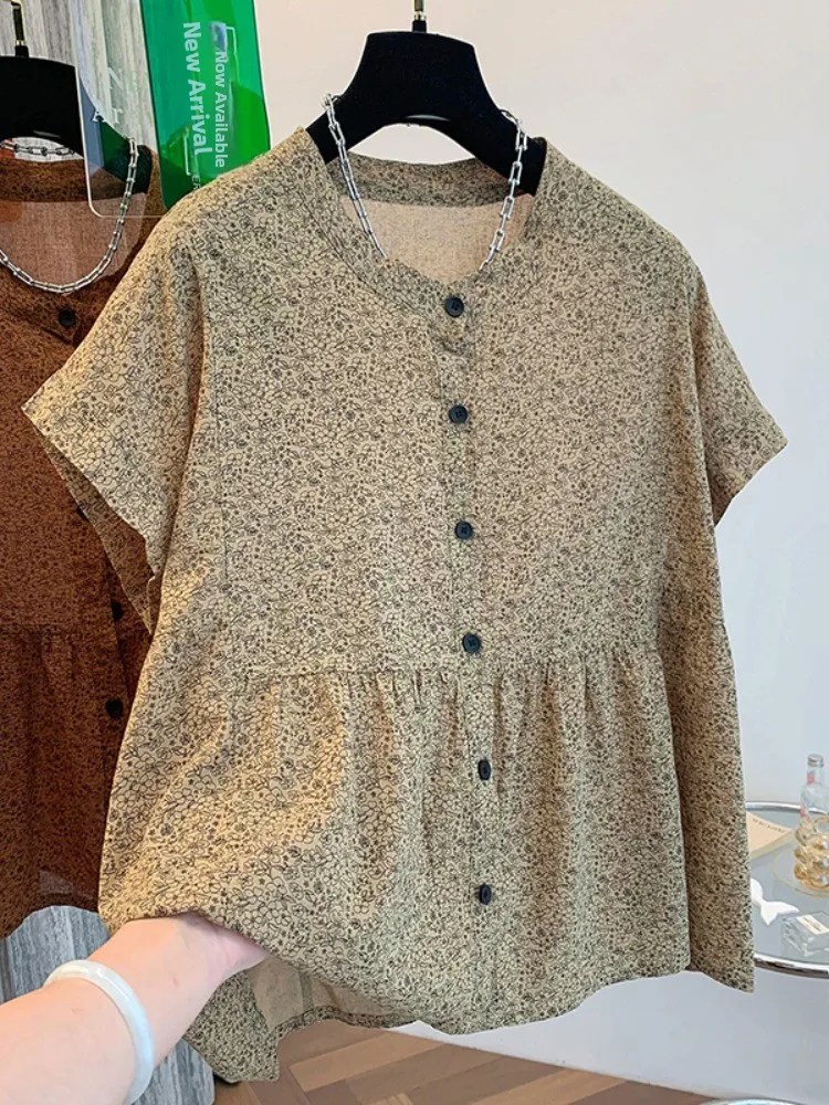 Casual Cotton Linen Short Sleeve Floral Print round Neck Loose Fit Slimming Babydoll Shirt for Women Summer Season