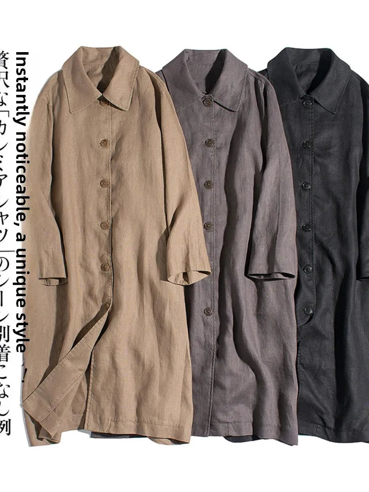 

Retro Cotton Linen Women's Coat Spring Autumn New Sle Loose Versatile Slimming Mid-Length Turn-down Collar Linen Windbreaker