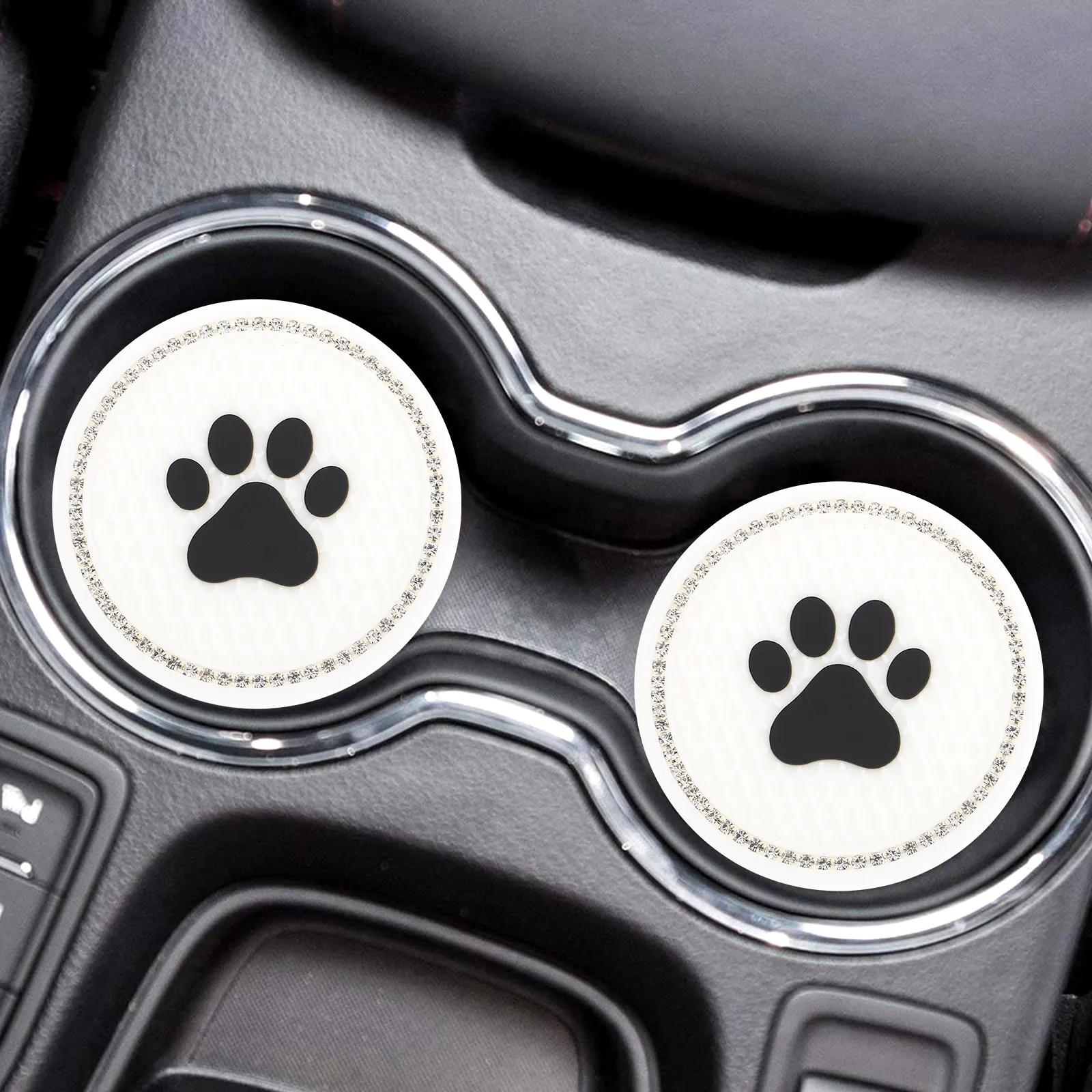 2Pcs Non Slip Car Coasters Cat Paw Pattern Vehicle Cup Holders Diamond Design High Temperature Resistant Auto Cup Mats Luminous