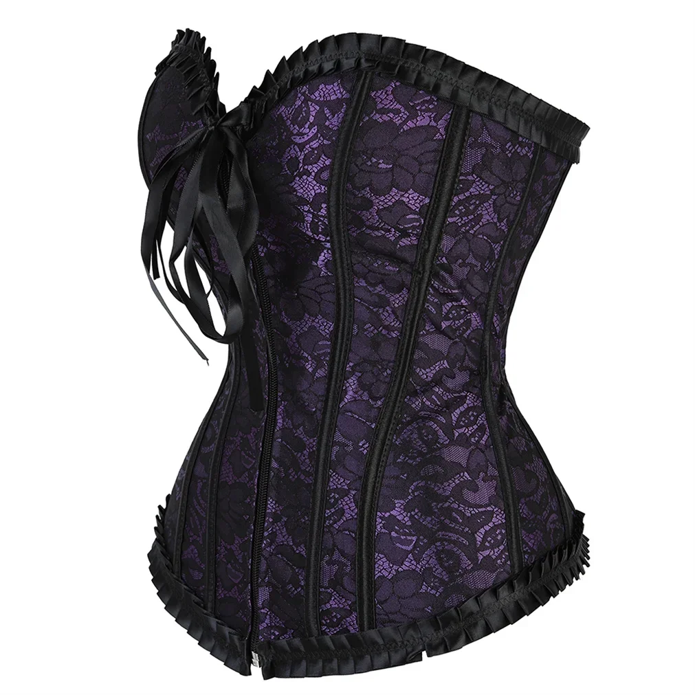 Gothic Corset Sexy Burlesque Floral Pleated Trim Bustier Zip Boned Vintage Corsage Plus Size Korsett Carnival Party Bustiers