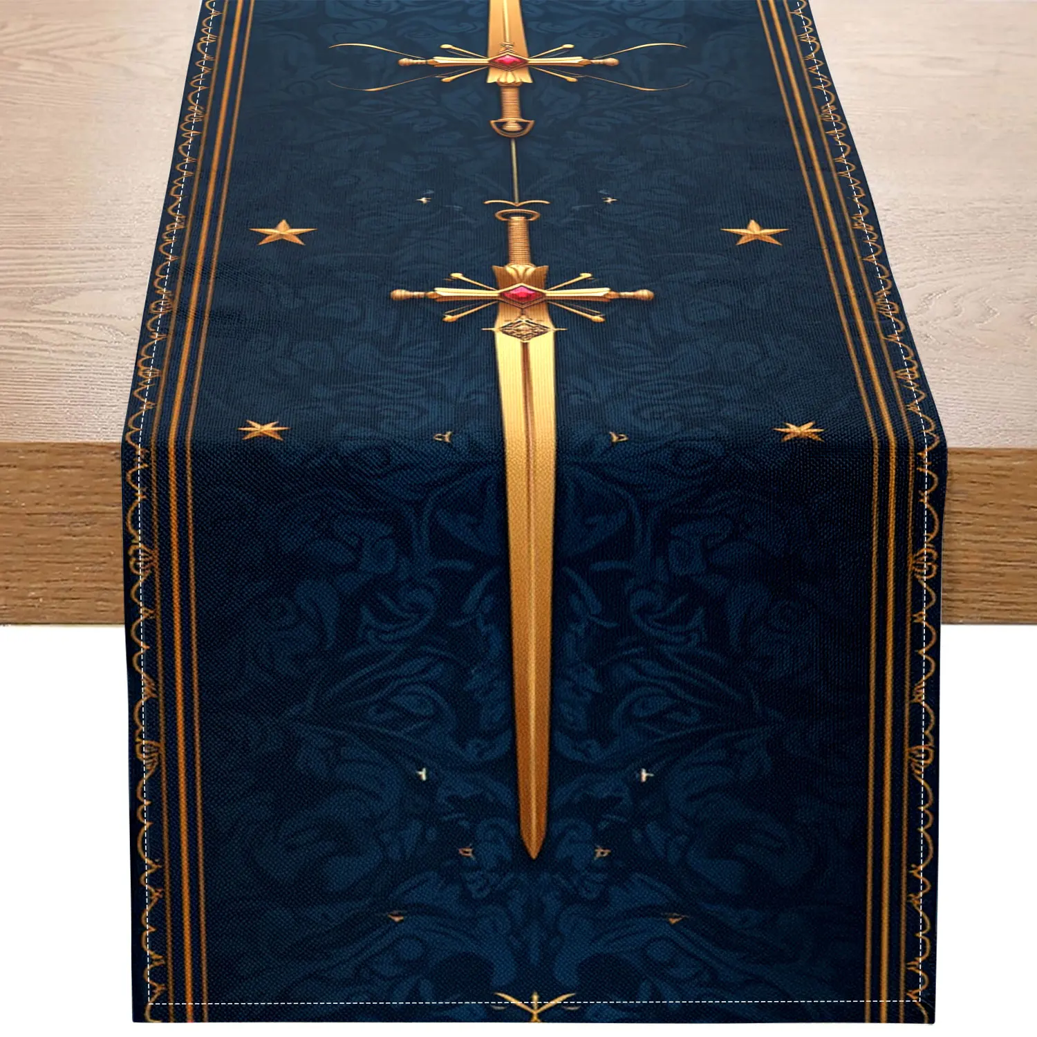 1 Piece of Medieval-Style Table Runner, Decorated with Swords and Cross Patterns, Suitable for Retro Parties and Themed Home Decoration