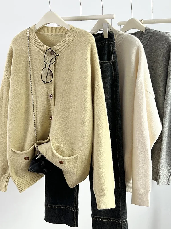 Loose round Ne Knitted Sweater Pure Color Open Cardigan Women's Autumn Winter New Sle Simple Korean Sle Tagl