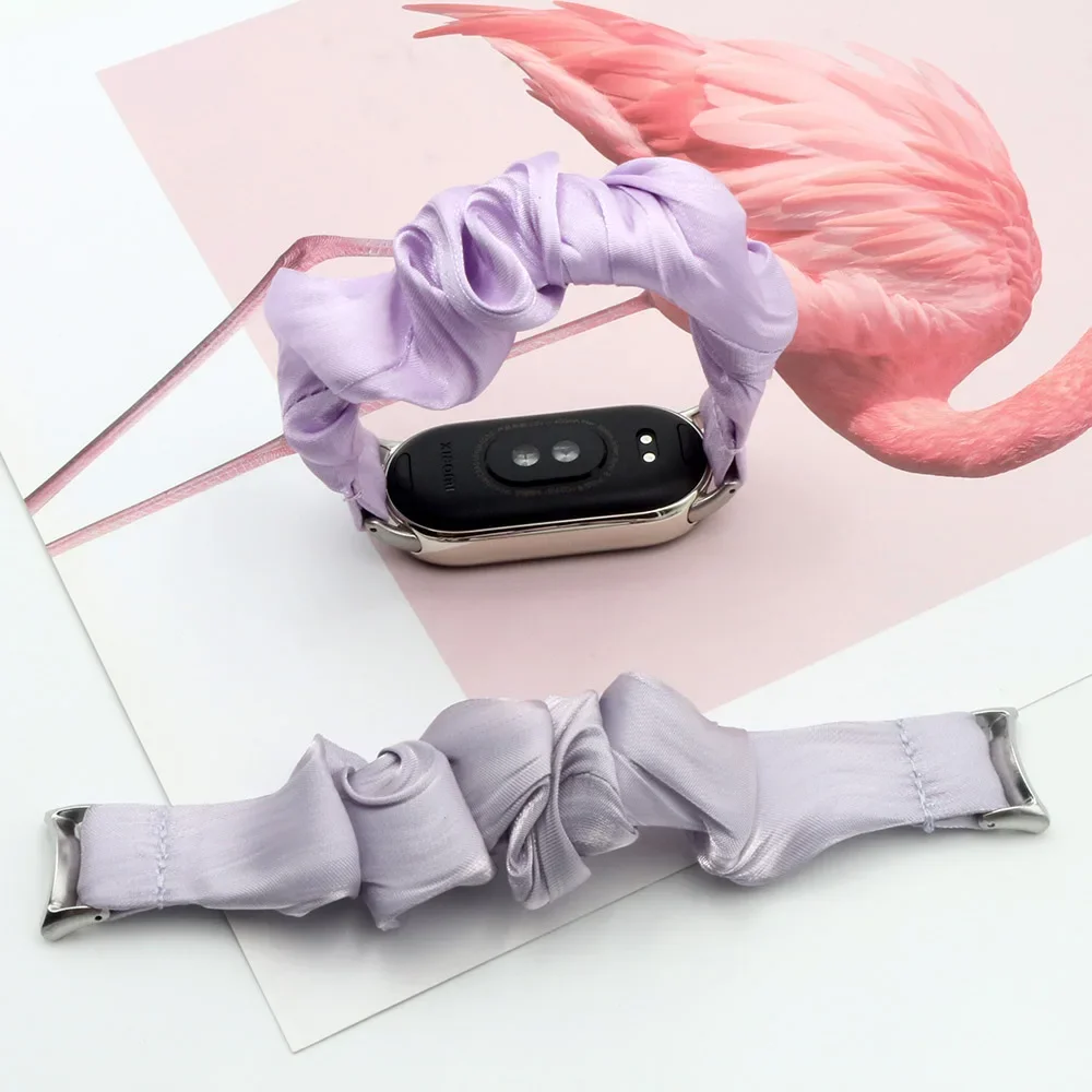 Purple Nylon Watch Strap Scrunchie Bracelet for Xiaomi Mi Smart Band 8/9 NFC Elastic Soft Fabric Replacement Wristband Scrunchy