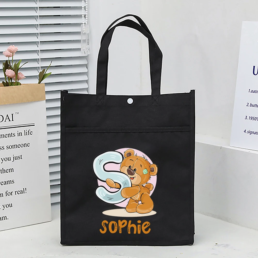 Personalized Initial with Name Kids Library Tote Bag Homeschool Bags Oxford School Reading Books Bag Birthday Gift for Children