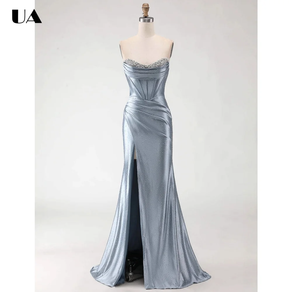 

ULBYANRY Customized Satin Mermaid Strapless Evening Dress for Woman, Exquisite Embellished Party Dress, Elegant Solid Ball Gown