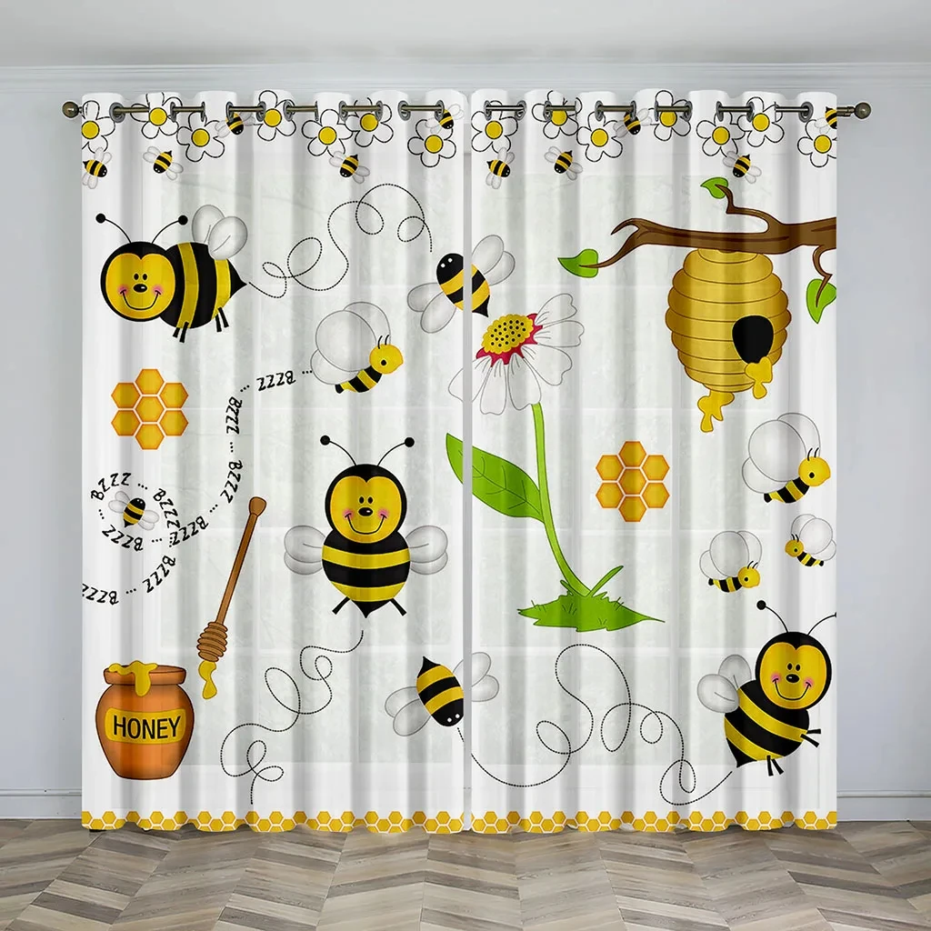 Honey Bee Honeycomb Pattern Thick Blackout Home Curtain Cute Light Color Series High Shading Curtains Living Room Bedroom Drape