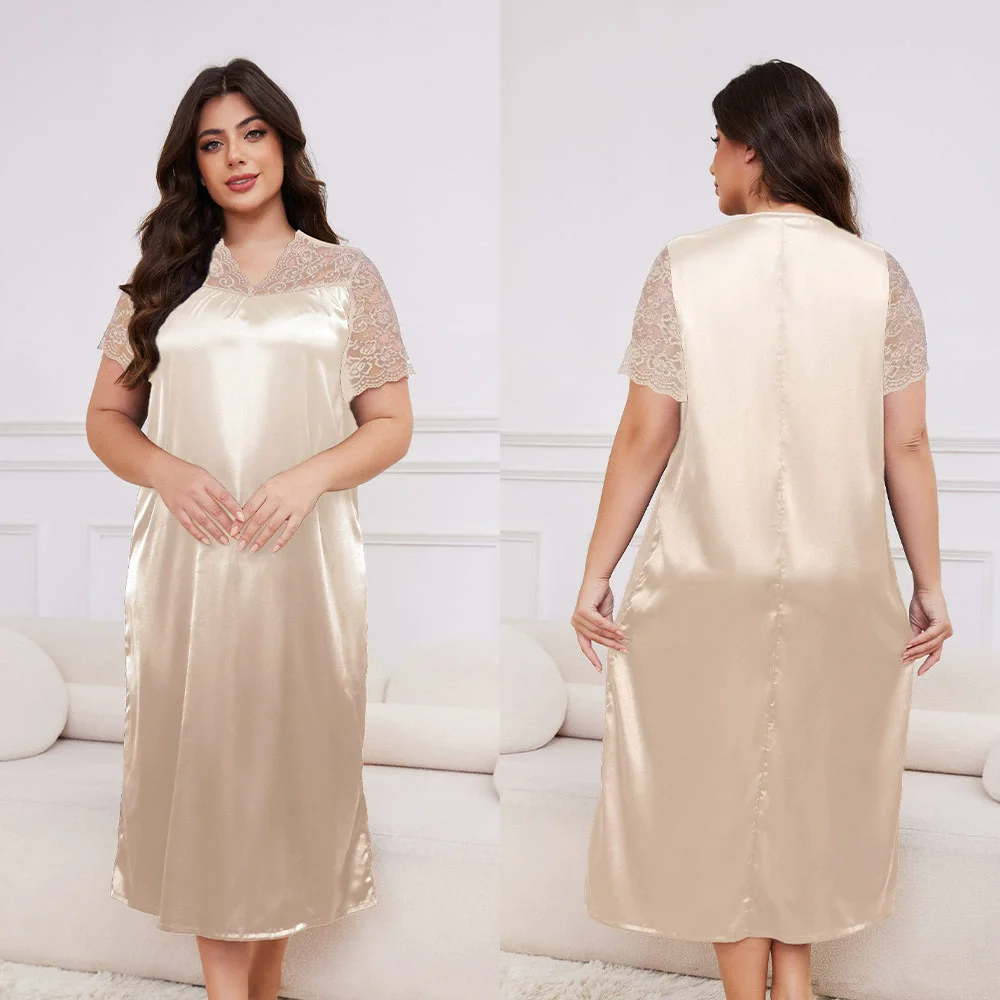 Loose Women's Nightgown Sexy Summer Short Sleeve Silk Lace Night Dress For Woman Nightie Pajamas Dress Night Wear Female 5