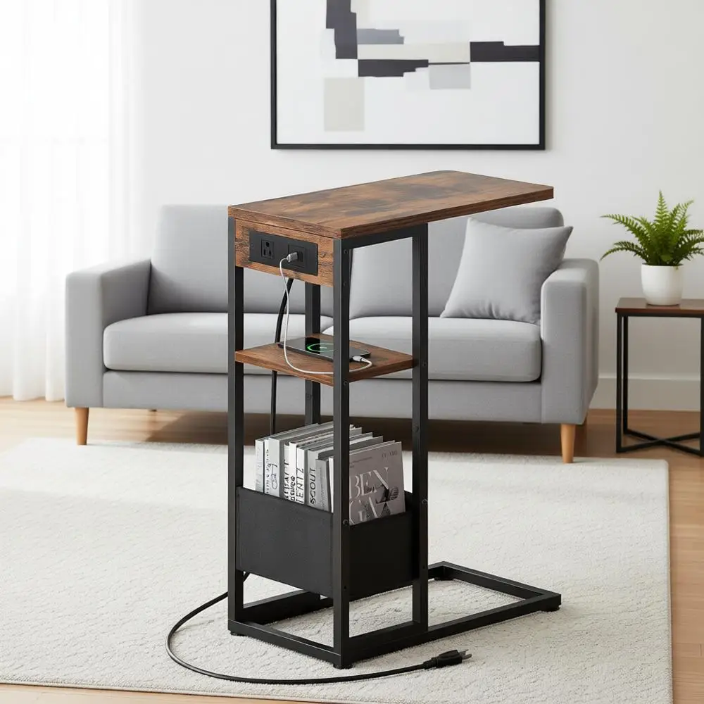 

C Shaped End Table with Charging Station, Small Side Table, Slide Under Sofa Desk Snack Tables with Storage Bag & AC/USB Outlets