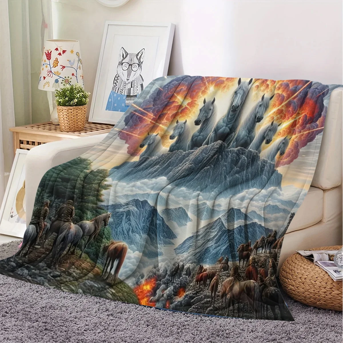 Mythical Seven White Horses Flannel Throw Blanket Fantasy Seven Holy White Horses On Mountain Peak Fiery Cloud Sky Surreal