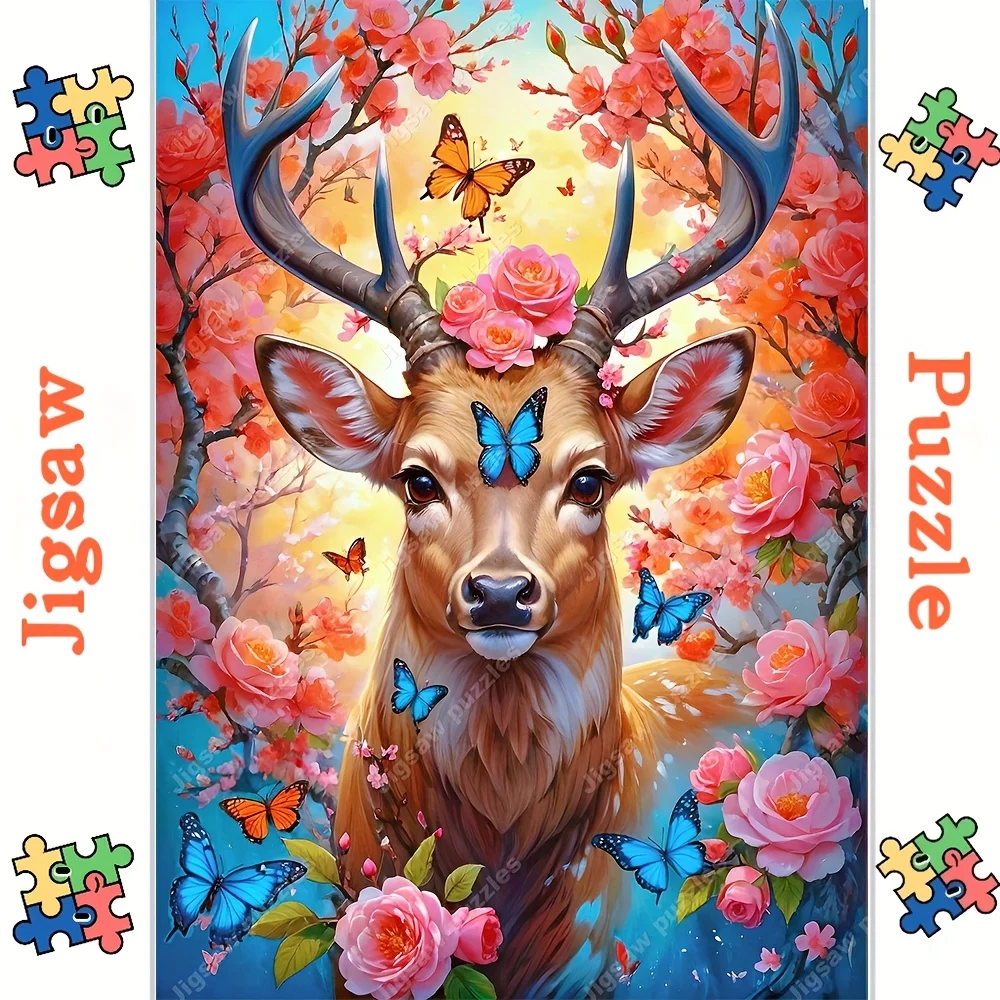520/1000/1314pcs Extra Large Jigsaw Puzzle - Japanese Deer, Cherry Blossoms & Butterflies with, Vibrant Orange, Pink, Blue, Gr