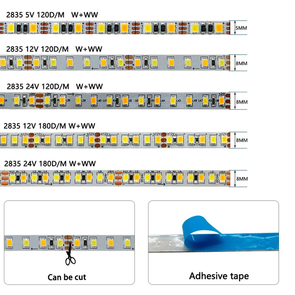 5V 12V 24V led strip lights SMD2835 CCT Led strips Dual Color Warm White +Cool White 2700-6500K High Density LED tape Room Decor