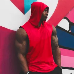 Plain Men's Gym Tank Top Hoodies Fitness Sleeveless Hooded T Shirt Cut Off Sports Singlets Bodybuilding Stringer Muscle Vest