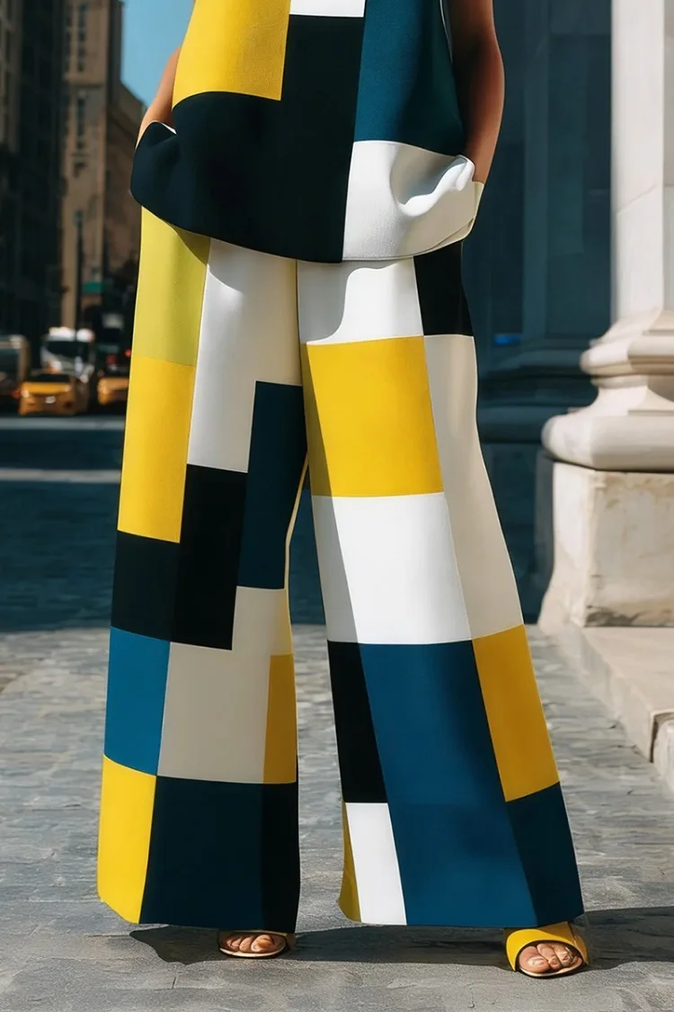

Yeezzi 2026 Новые летние женские брюки с широкими штанинами и геометрическим цветовым блоком, с высокой талией, свободные, с контрастными карманами, шикарные повседневные брюки