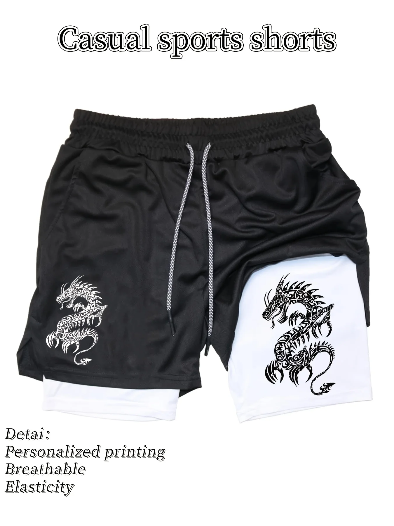 

Summer Men's Dragon Print 2-in-1 Quick-Drying Short Breathable and Sweat-wicking A Must-have for Fitness and Exercise