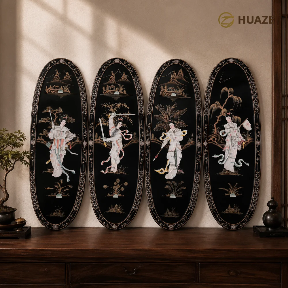 Handcrafted Natural Shell Mosaic Art Panel Set Of 4 Chinese Traditional Floral Bird Wall Decor Luxury Home Hotel Artwork