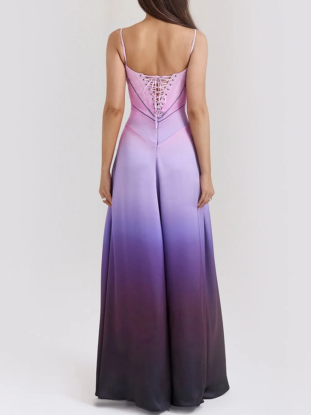 Pink Purple Gradient Evening Dress Straps Backless Sexy Hollow Stripe Design Lace Up Cocktail Gown Slim A-Line Party Vestido