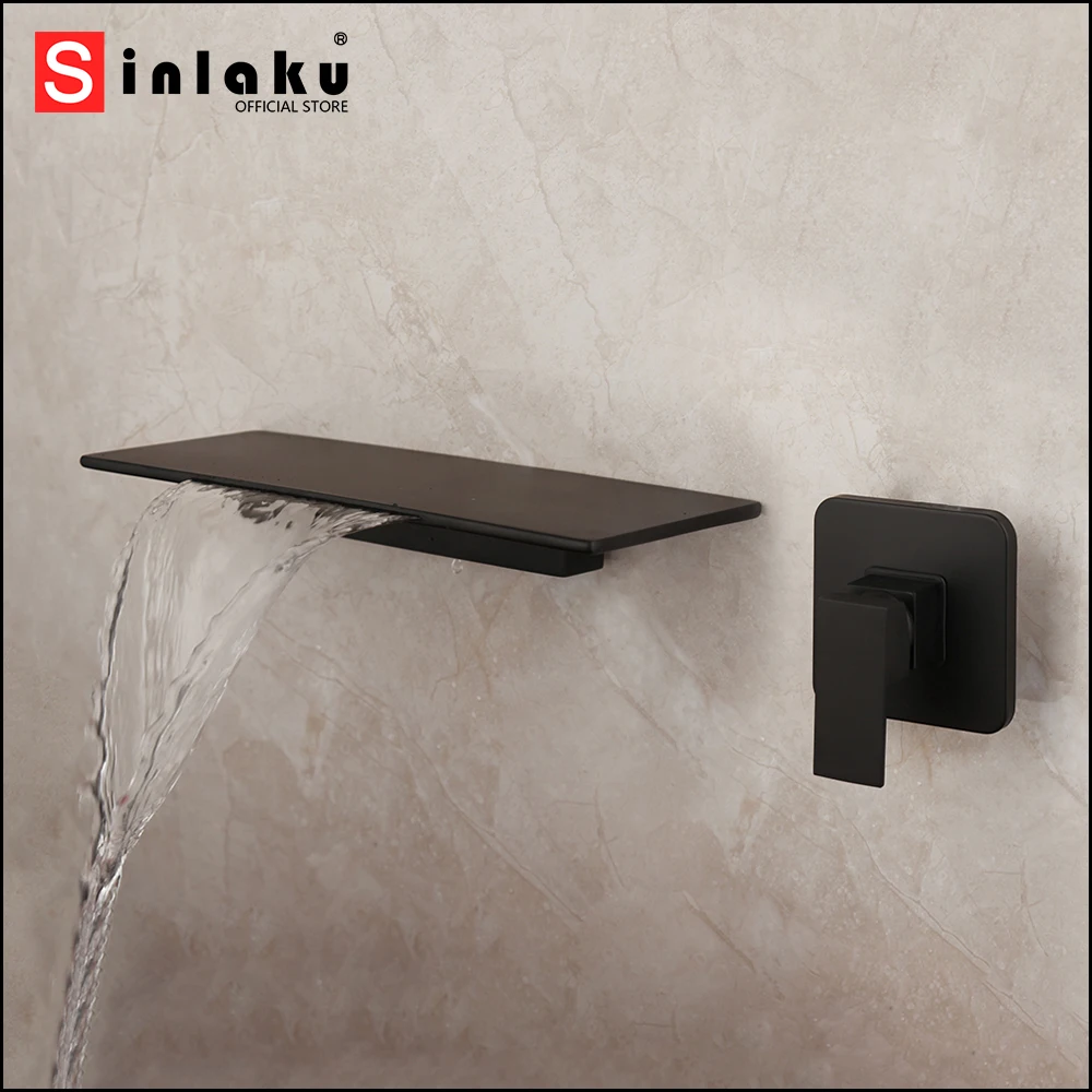 

SINLAKU Matte Black Bathtub Faucet Waterfall Spout Wall Mounted Bath Washbasin Bathroom Basin Sink Mixer Tap Faucet