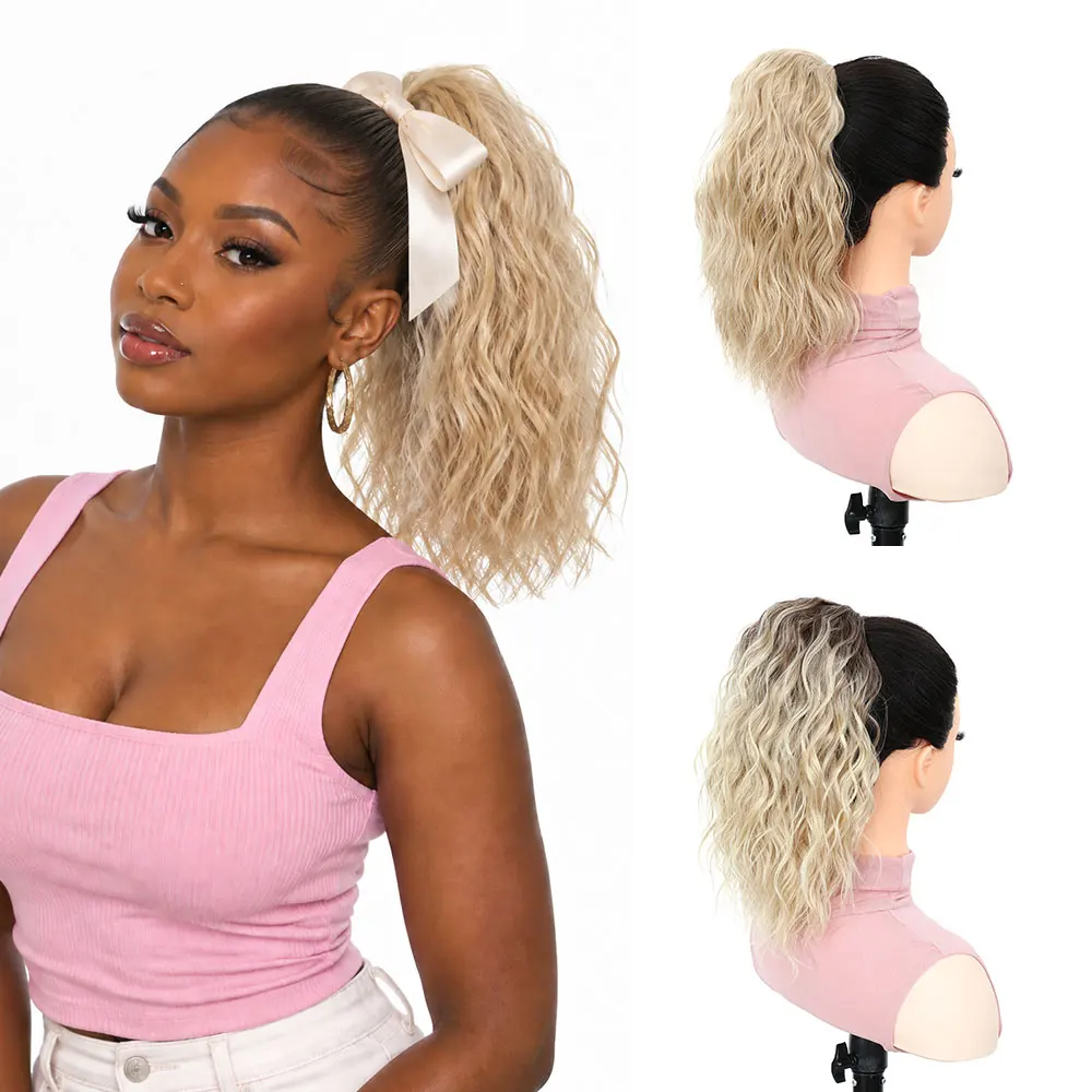 Curly 14 Inch 115g Short Full Volume Drawstring Ponytail Extension Ash Blonde to Platinum Ombre Heat Resistant Clip in Hairpiece