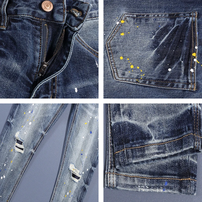 Newly Designer Fashion Men Jeans Retro Washed Blue Elastic Slim Fit Ripped Jeans Men Painted Designer Hip Hop Denim Pants Hombre