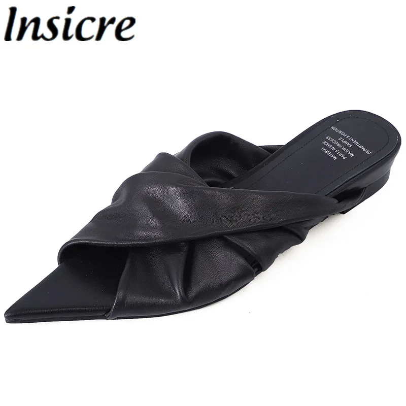 

Insicre 2023 Fashion Women's Sandals Pointed Toe Cow Leather Low Heel Summer Shoes Outdoors Slippers Gray Casual