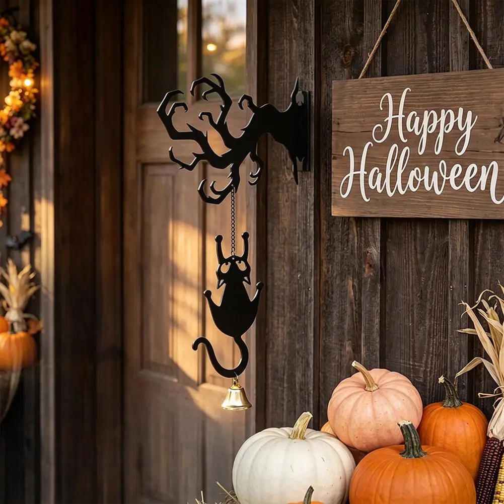 Festival Theme Settings Halloween Welcome Sign with Bell Black Cat Wall Mount Decor Ghost Outdoor Porch Ornament Door Bell