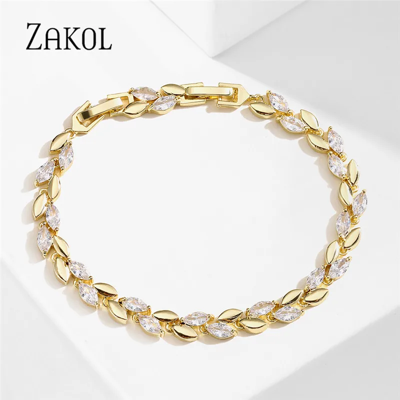 ZAKOL Trendy Charm Marquise Cut Cubic Zirconia Bracelets For Women CZ Leaf Bridal Wedding Party Jewelry Gift BP2252