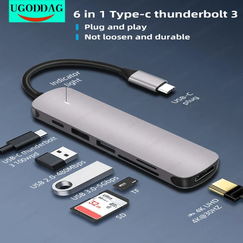 محول USB C Hub متعدد المنافذ 6 في 1 مع مخرج 4K HDMI متوافق مع SD TF USB 3.0 PD 100W لجهاز MacBook Pro/ Air Type-C