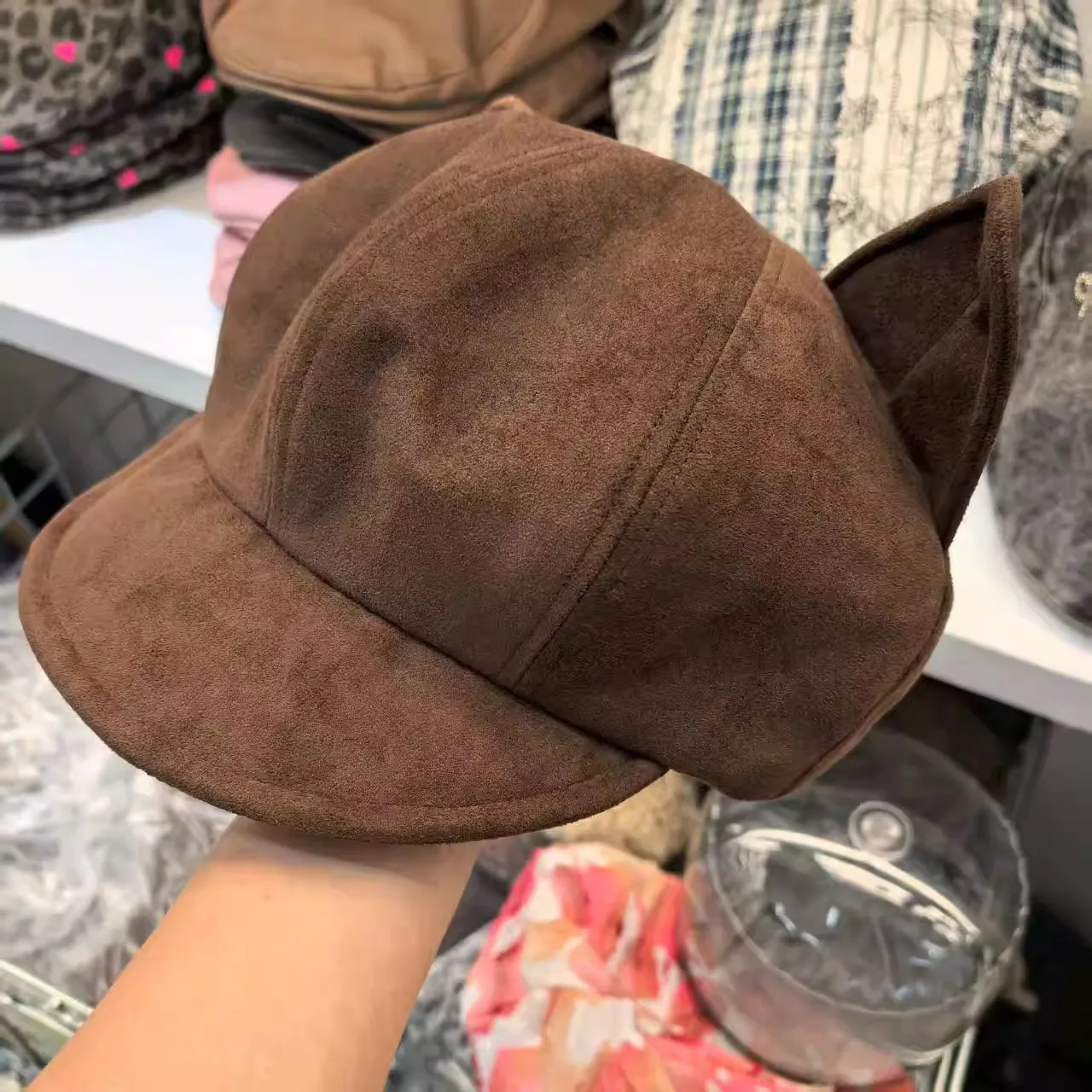 ‌ Vintage Wildleder Katze Ohr Baskenmütze Achteckige Maler Kappe für Frauen Herbst Winter Trendy Floppy Hut Solide Schwarz Farbe