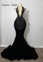 Black Tassels Crystal Halter Prom Dresses 2024 For Black Girls Silver Beaded Mermaid Wedding Evening Dress Formal Customized