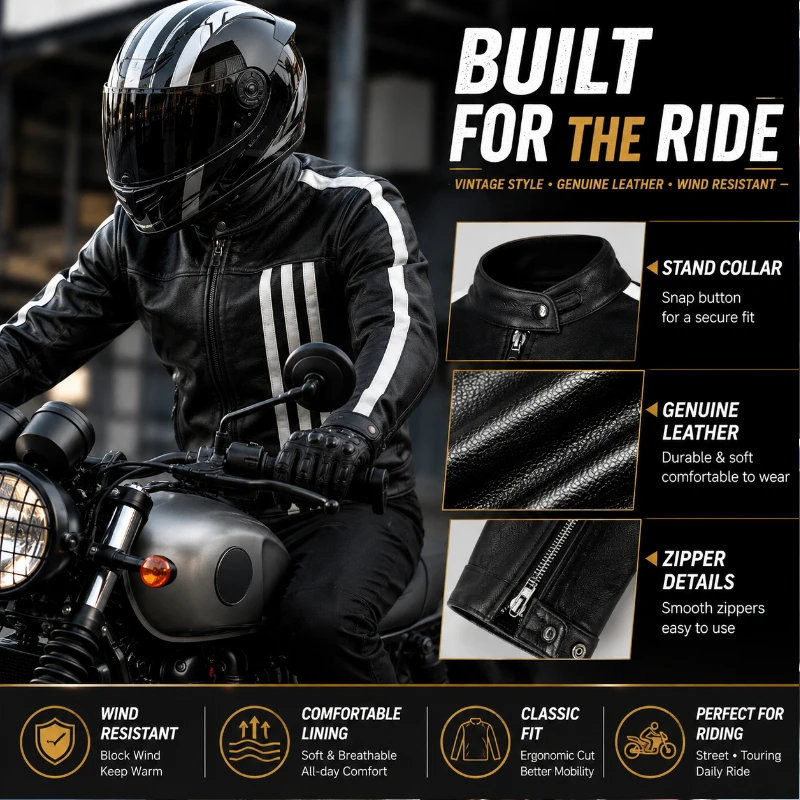 Men's Genuine Leather Motorcycle Jacket Vintage Biker Riding Coat Wind Resistant Warm Winter Moto Jacket with Zipper
