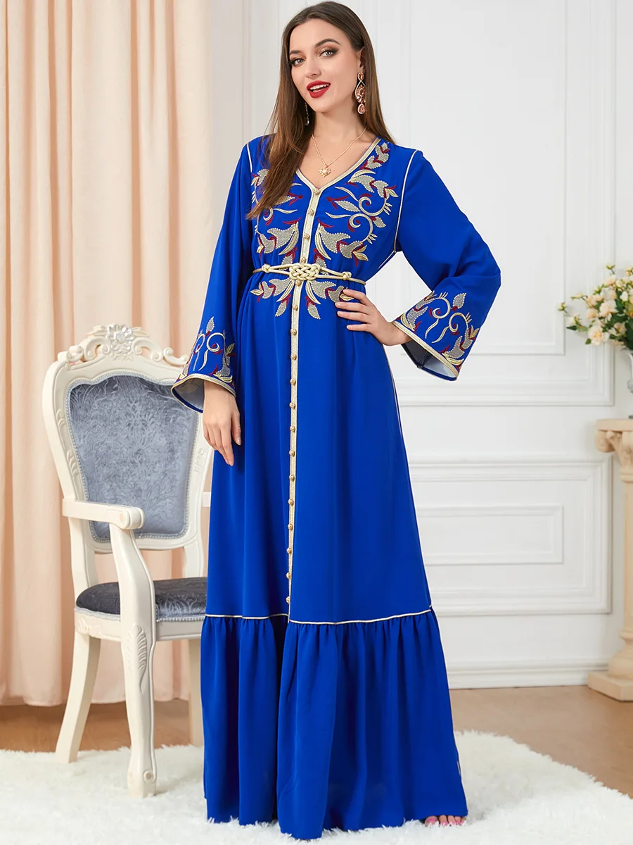 

Solid Elegant Floral Gold Stamping Embroidery Chiffon Women Dress Jalabiyat Moroccan Caftan for Women Islamic Belted Clothing