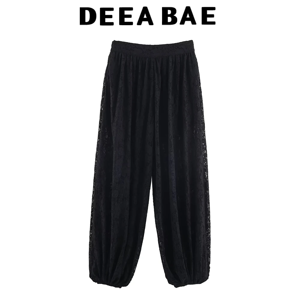 DEEABAE 多彩な気質のレース、透かし彫りのレース、伸縮性のあるハイウエスト、ゆったりとした着心地、スリム効果のあるカジュアルロングパンツ