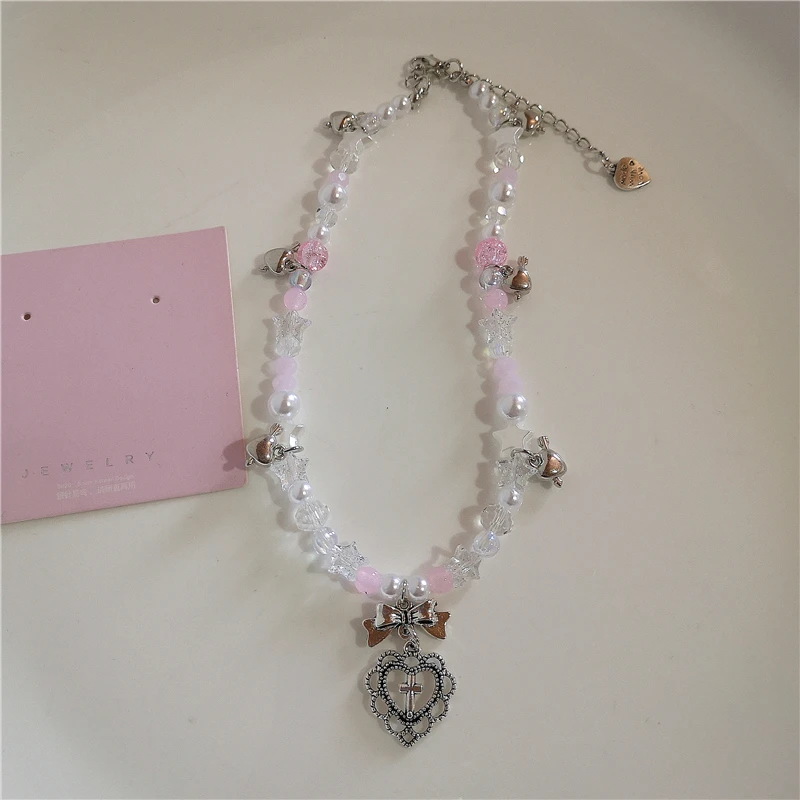 Gothic süße Y2K Edelstahl Schleife Herz rosa Kreuz Anhänger Perlen Perle Schlangenkette Halskette für Egirl 2000er EMO Zubehör – Detail 4